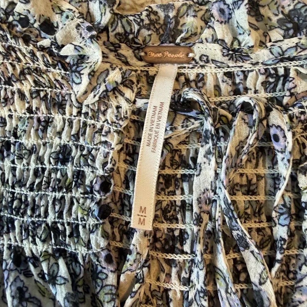 Free People Long Sleeve Floral Smocked Blouse Blue Size M Boho Summer Top